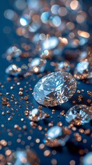 Various sized shimmering diamonds scattered on a blue surface, reflecting light, creating a luxurious sparkling effect