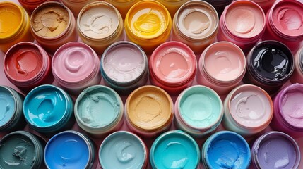 Numerous open paint cans arranged tightly, showcasing a vibrant array of colors from pastels to primaries