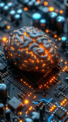 A digital brain-like structure is illuminated on a circuit board, symbolizing artificial intelligence or technology