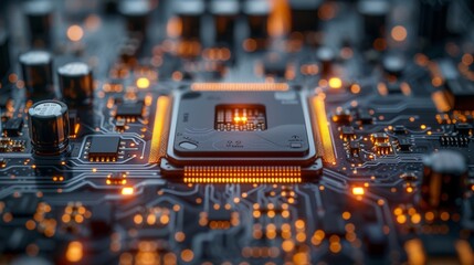 A close-up of an electronic circuit board with a central processing unit and illuminated connectors - obrazy, fototapety, plakaty