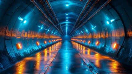 A vibrant blue-lit tunnel with orange side lights reflecting off wet pavement creates a futuristic...