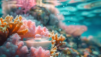 Close-up of a high-end skin care product with a pearl atop, submerged in crystal clear sea water, colorful coral and vibrant marine life in the background