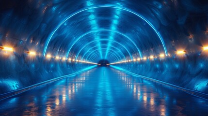 A futuristic blue-lit tunnel with smooth walls, reflective floor, and lights lining the sides