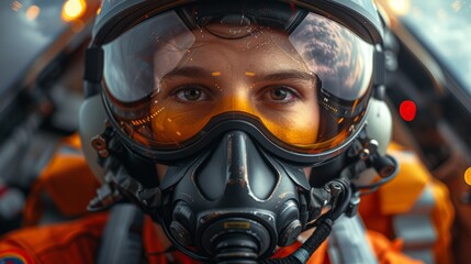 Close-up of a person wearing an airforce pilot helmet and mask, with reflective visor and orange suit - obrazy, fototapety, plakaty