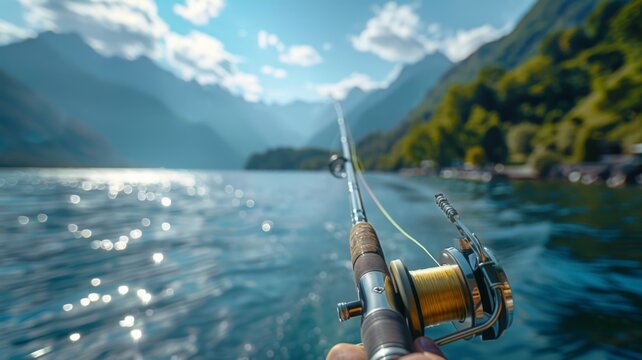 Close-up of a fishing rod in the hands of a person on a boat, serene lake waters and distant mountains in the background, capturing the peaceful essence of a fishing vacation