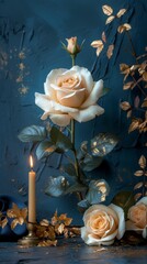 A serene setup with gold-painted roses, foliage, a lit candle, dark blue background, and artistic shadows