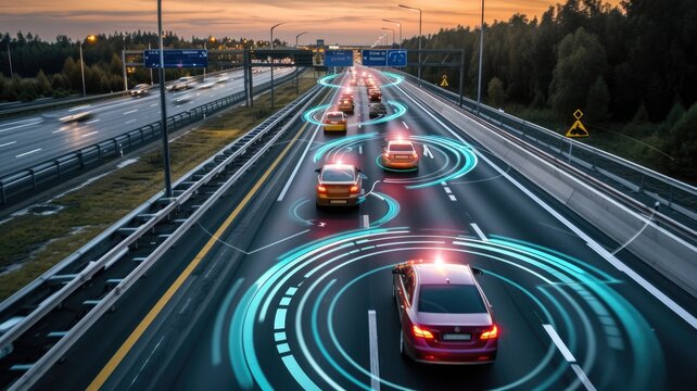 Autonomous Cars on Highway with Smart Technology Signals,vehicle-to-vehicle communication and advanced safety features