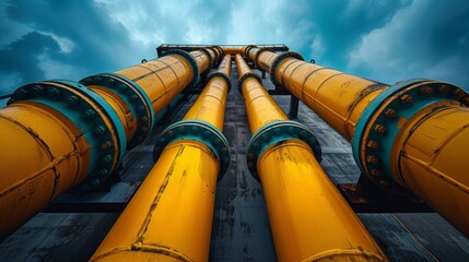 Large yellow pipes extending upward against a moody sky, industrial setting, dramatic angle,...