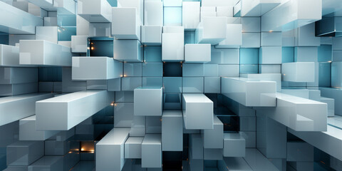 Abstract geometric background with light blue 3d flying cubes. Modern abstract business template.