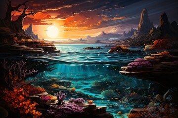a painting of a sunset over a coral reef in the ocean - obrazy, fototapety, plakaty