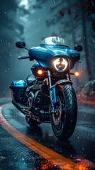 A blue motorcycle parked on wet asphalt under moody lighting with rain, showcasing reflective and glossy surfaces