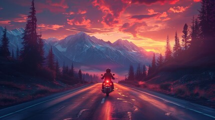 A lone motorcyclist rides towards mountains under a vivid sunset sky along a reflective, empty road - obrazy, fototapety, plakaty