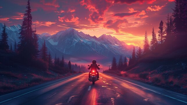 A lone motorcyclist rides towards mountains under a vivid sunset sky along a reflective, empty road