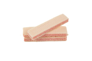 Raspberry flavored wafer biscuits, isolated on white background. Selective focus, soft focus