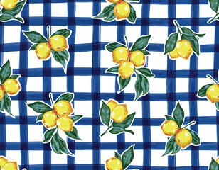 Trendy Summer Lemon  Summer fruits Orange and leaves  seamless pattern vector on Hand blue window check - 738793554