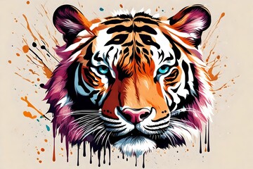 Colorful tiger portrait with splashes on white background. Vector illustration