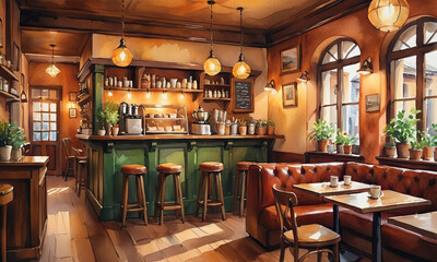 レトロモダンなカフェレストラン 無人の店内風景 Retro-modern café-restaurant Unoccupied interior view