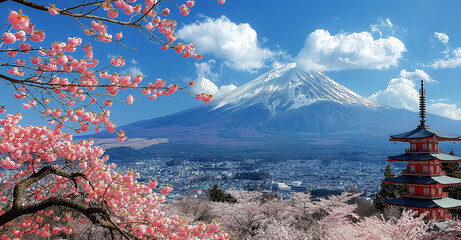 Fujiyoshida, Japan view of Mt. Fuji and pagoda in spring season.