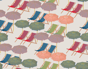 Modern sand beach with white sun umbrellas and colorful Sun desk Capri Italy inspired . Minimal summer pattern. - 738794564