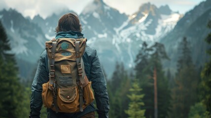 Detailed view of a hiker's shoulder bag with patches and hiking gear, blurred background of towering trees and mountain peaks, emphasizing readiness and the call of the wild