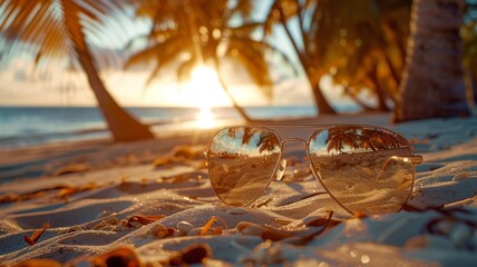 Detailed view of a pair of stylish sunglasses reflecting the bright sunlight, sunscreen ready for application, soft focus on the coconut trees swaying and the sea beyond