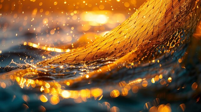 Detailed view of a fishing net being cast from a boat into the sea, early morning light casting a golden glow on the scene, capturing the essence of the fishing journey