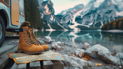 Close-up on a pair of hiking boots and a map on the step of an RV, lake and mountains in the soft focus background, symbolizing the exploration and freedom of RV camping - obrazy, fototapety, plakaty