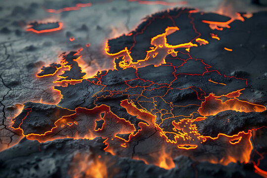 Volcanic map of Europe, England, Ukraine, and Russia