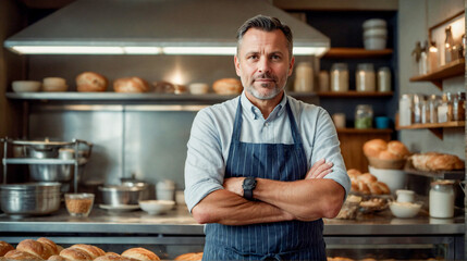 Male entrepreneur wearing apron with arms crossed standing behind the counter in bakery selling bread and baked goods. Man baker, small business owner