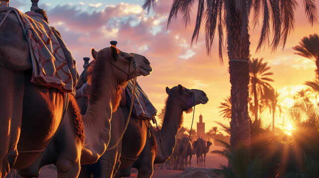 A caravan of camels with traditional saddles walks during a beautiful desert sunset.