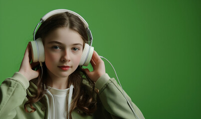 zdjęcie studyjne nastoletniej dziewczyny w białych słuchawkach na zielonym tle, portret - obrazy, fototapety, plakaty