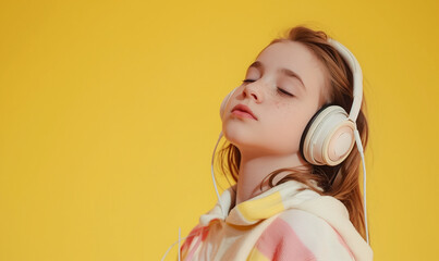 zdjęcie studyjne nastoletniej dziewczyny w białych słuchawkach na żółtym tle, portret - obrazy, fototapety, plakaty