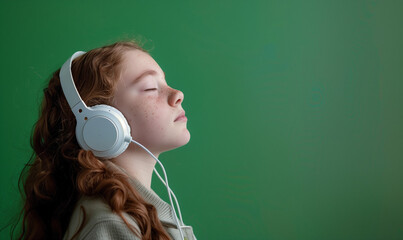 zdjęcie studyjne nastoletniej dziewczyny w białych słuchawkach na zielonym tle, portret - obrazy, fototapety, plakaty