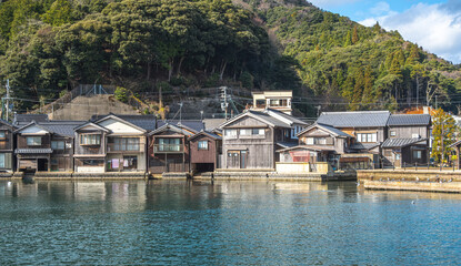 Funaya house with boat and sea of Ine bay at Ine Kyoto Japan