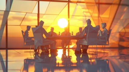 Sunset board meeting in a modern corporate office with origami paper model figures. Unique and artistic business concept
