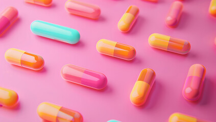 many pills arranged on a pink background in the style