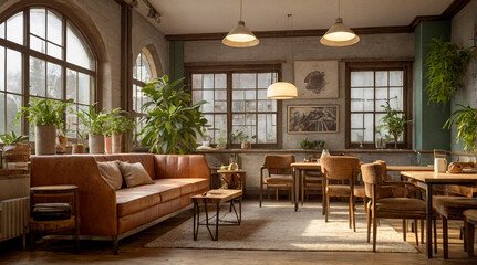 Fototapeta premium Cozy restaurant interior design with wooden chairs, sofa and green plants decoration. Modern cafe interior filled with indoor plants, boho, nostalgic style