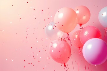 party background, pink wall with pink balloons and confetti