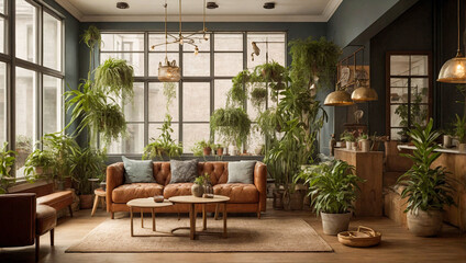 Fototapeta na wymiar Cozy living room interior design with sofa and green plants decoration. Modern boho apartment design with houseplants, sustainable lifestyle