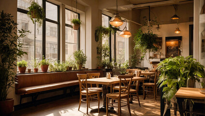 Cozy coffeehouse interior design with empty wooden chairs, tables and green plants decoration. Modern cafe interior filled with indoor plants, eco style