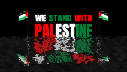 We Stand With Palestine Flag Text effect isolated on ocean wave and black stars burst particle background, 4k We Stand With Palestine artwork illustration.