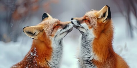 Two kissing foxes, couple, love, winter, background.