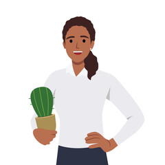 Young woman holding a cactus in her hands. Friendly card, poster or print. Flat vector illustration isolated on white background
