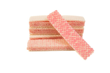 Raspberry flavored wafer biscuits, isolated on white background. Selective focus, soft focus