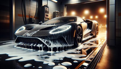 A black sports car is being washed with an automatic car wash in the background