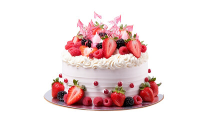 Birthday cake with strawberries, and candles isolated on transparent background