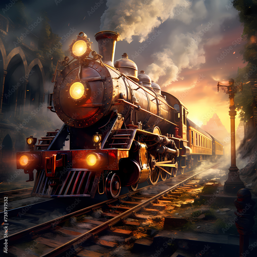 Poster Time-traveling train passing through historical eras