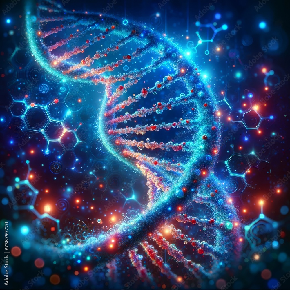 Poster Dynamic digital art of a DNA double helix glowing with neon lights