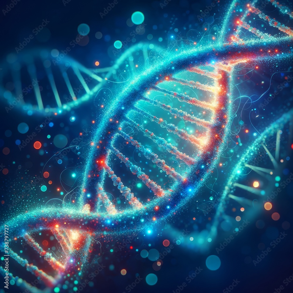 Poster Dynamic digital art of a DNA double helix glowing with neon lights