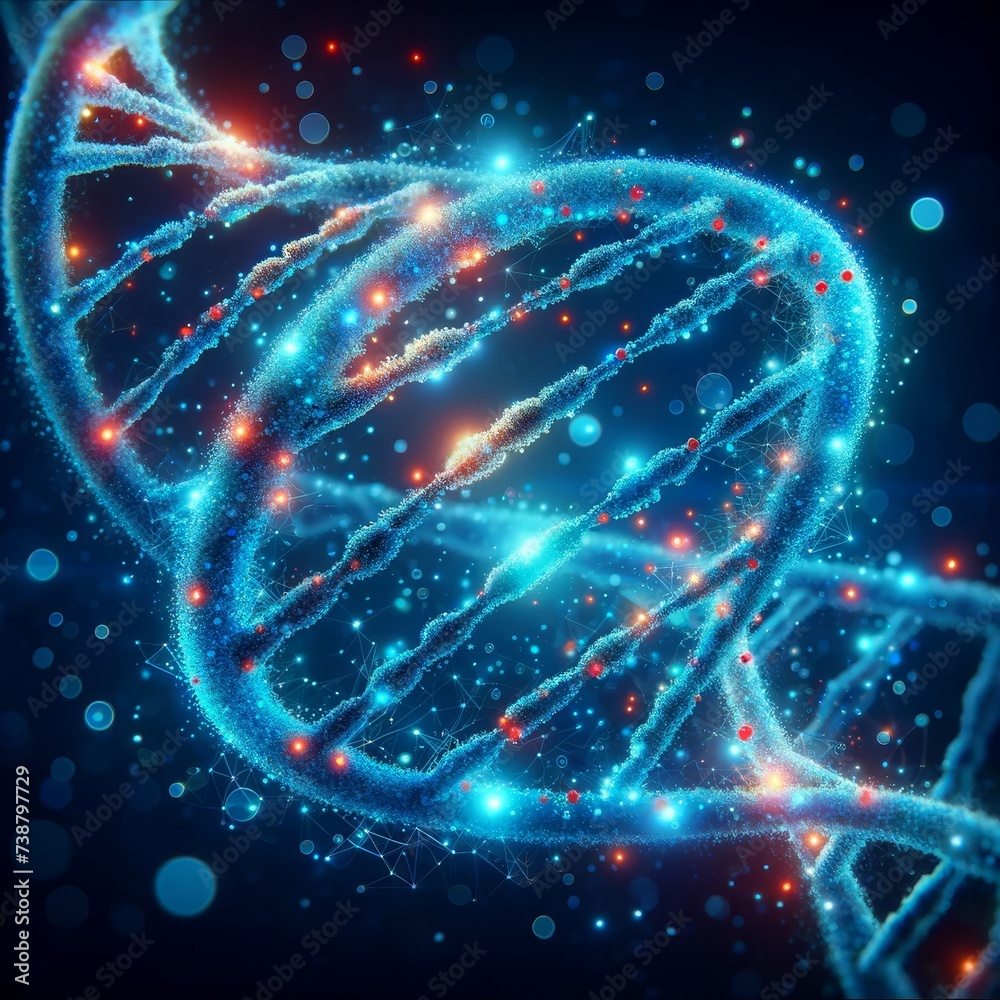 Poster dynamic digital art of a dna double helix glowing with neon lights